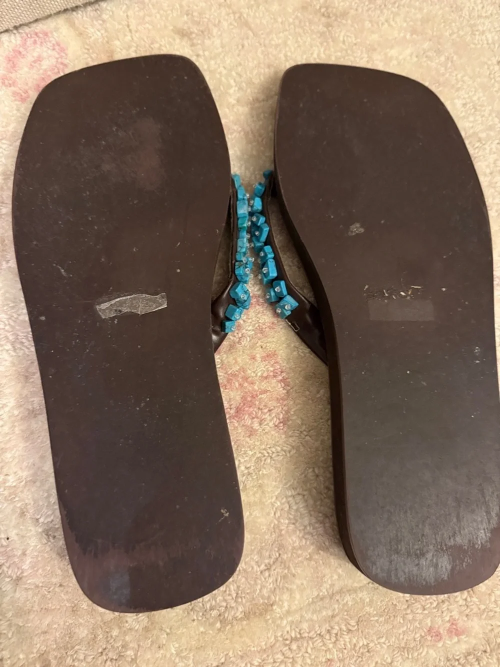 Beaded Turquoise Strap Brown Women's Flip Flops - Picture 2 of 3
